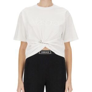 Explore the authentic Versace women's "1978 RE-EDITION SAFETY PIN" T-SHIRT in White
