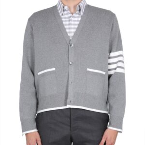 Refresh your wardrobe with the THOM BROWNE men's 4BAR STRIPE CARDIGAN in Grey