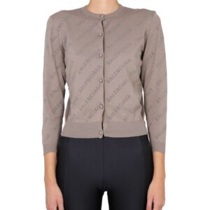 Explore the authentic Balenciaga women's ALLOVER LOGO CROPPED CARDIGAN in beige