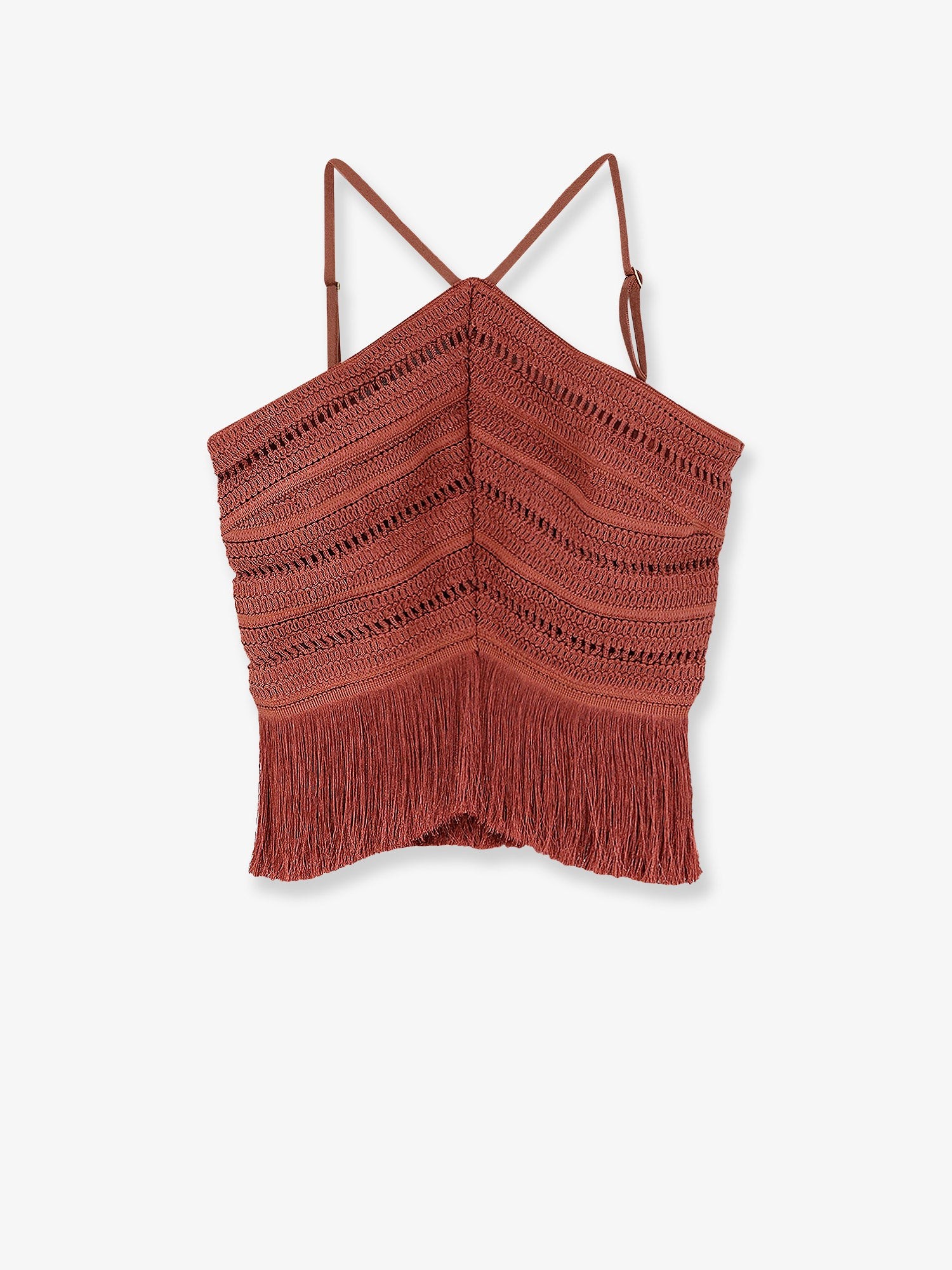 Discover the authentic PATBO women's Asymmetrical top with fringes in Brown