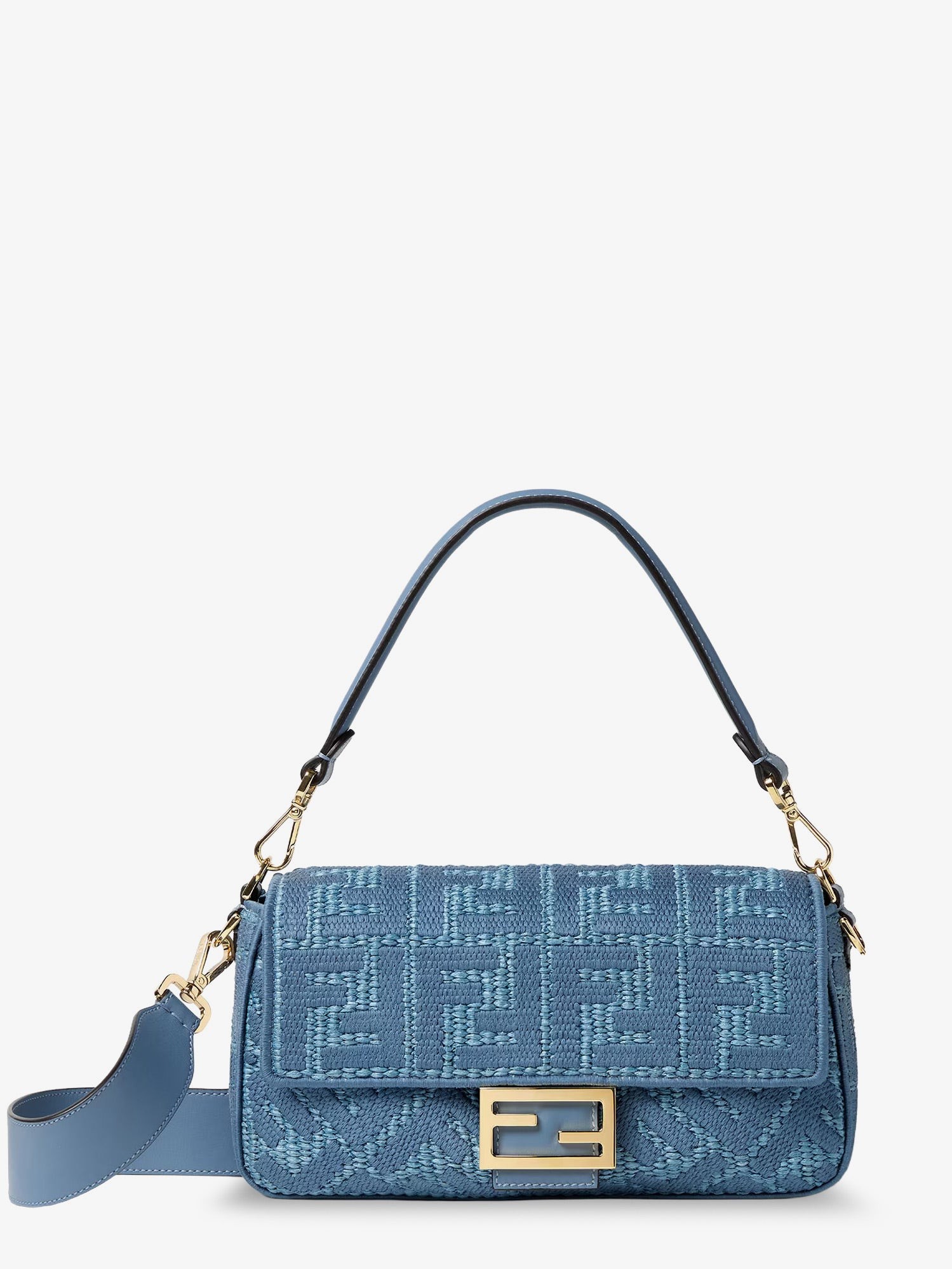 Baguette® handbag in raffia with all-over FF embroidery : Color - BLUCERULEOOS