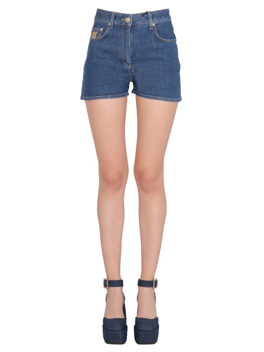 Explore the authentic Moschino women's BERMUDA WITH EMBROIDERED TEDDY in DENIM