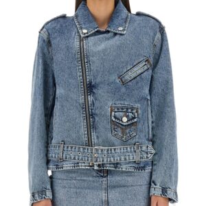 Refresh your wardrobe with the MOSCHINO JEANS women's BIKER PEACE SYMBOL in Blue