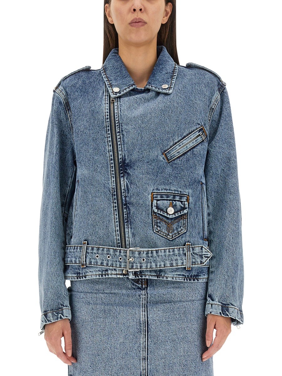 Refresh your wardrobe with the MOSCHINO JEANS women's BIKER PEACE SYMBOL in Blue