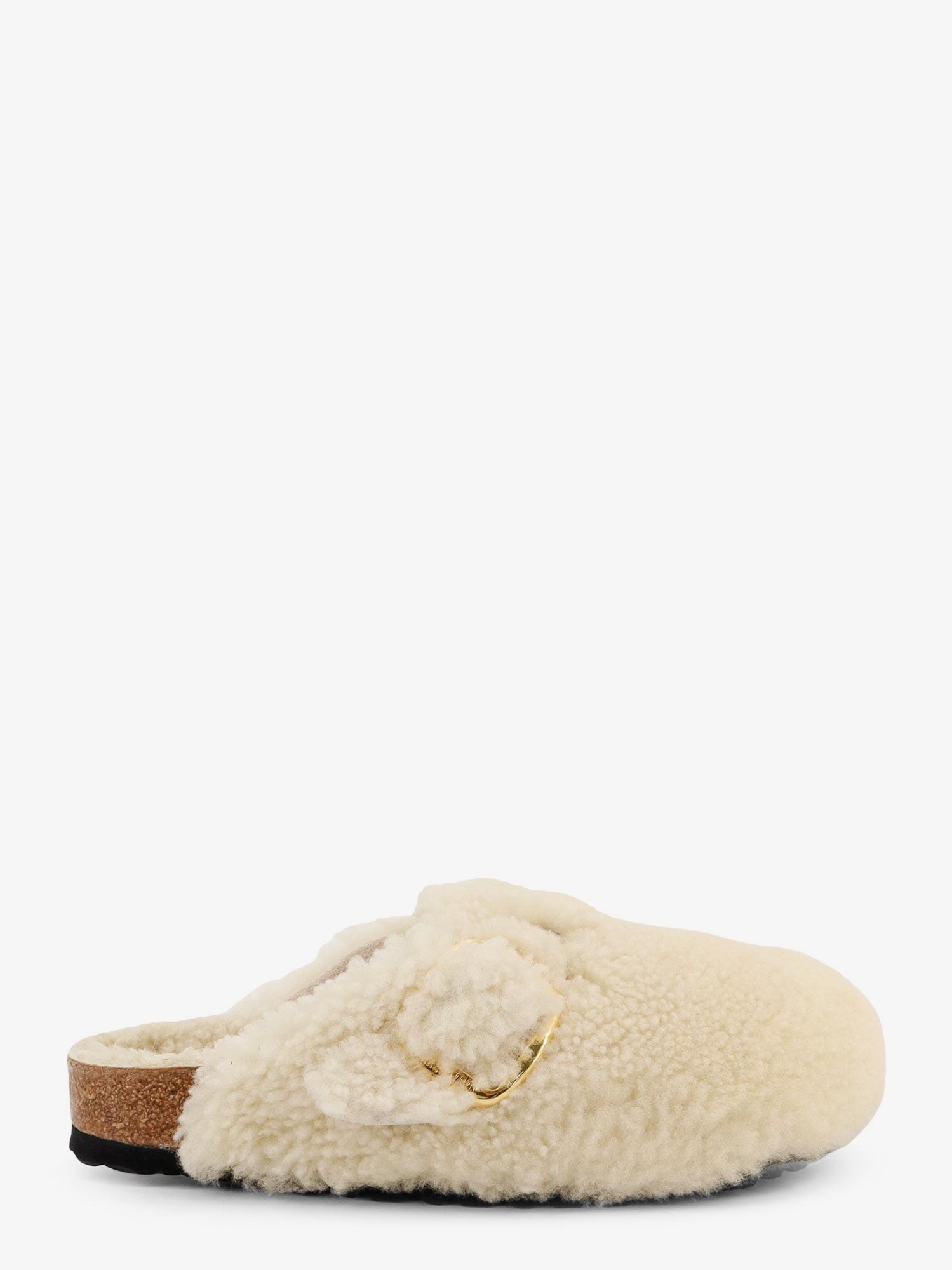 Explore the authentic Birkenstock women's Boston Big Buckle Shearling mule in TEDDY EGGSHELL