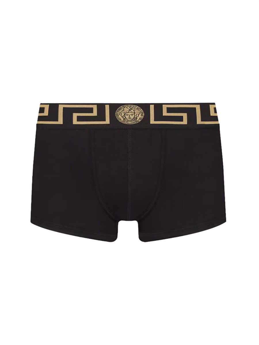 Refresh your wardrobe with the Versace men's BOXER SHORTS WITH GREEK in Black