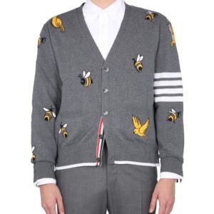 Explore the authentic THOM BROWNE men's CARDIGAN WITH BIRDS AND BEES INLAYS in Grey