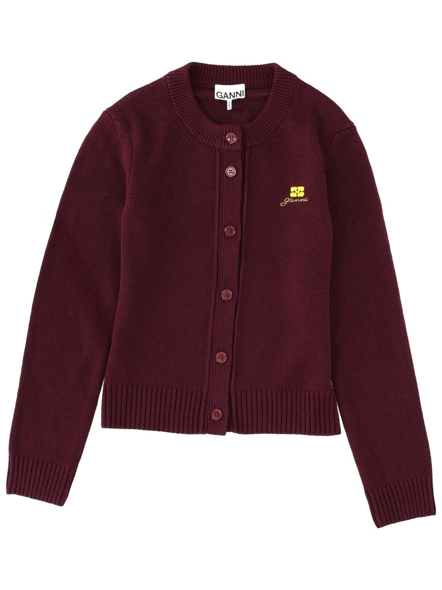 Discover the authentic GANNI women's CARDIGAN WITH LOGO in Bordeaux
