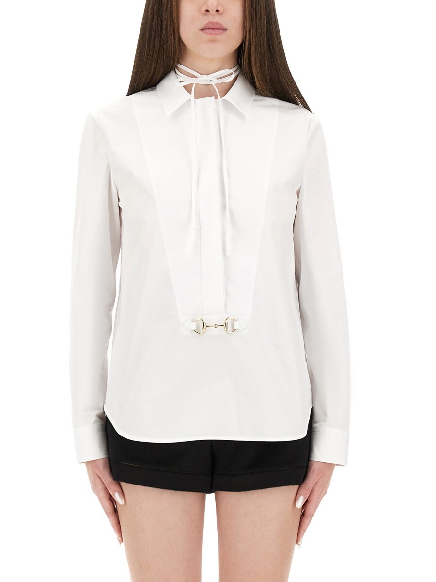 Explore the authentic Gucci women's COTTON POPLIN SHIRT WITH CLAMP in White