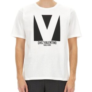 Explore the authentic Valentino men's COTTON T-SHIRT WITH "CHEZ VALENTINO" PRINT in White