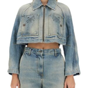 Explore the authentic Palm Angels women's CROPPED FIT JACKET in Baby blue