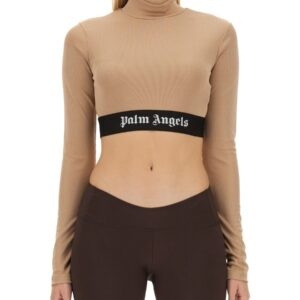 Refresh your wardrobe with the Palm Angels women's CROPPED TOP WITH LOGO in beige