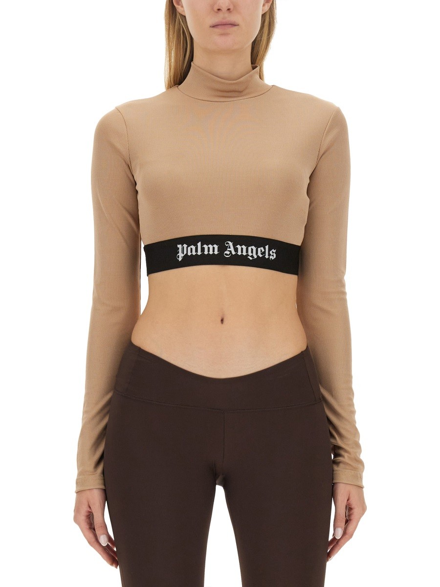 Refresh your wardrobe with the Palm Angels women's CROPPED TOP WITH LOGO in beige