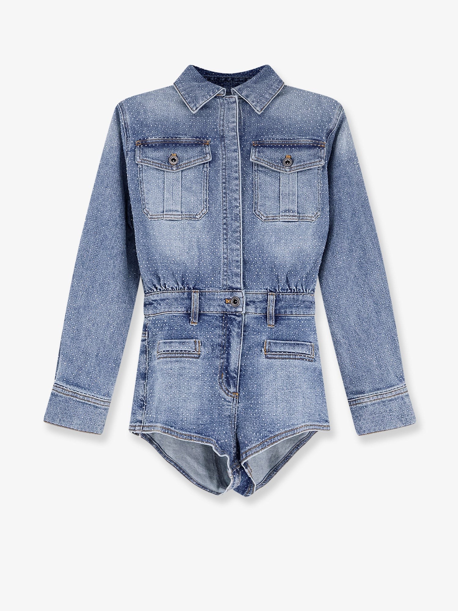 Explore the authentic SELF PORTRAIT women's Denim jumpsuit with rhinestones in Blue