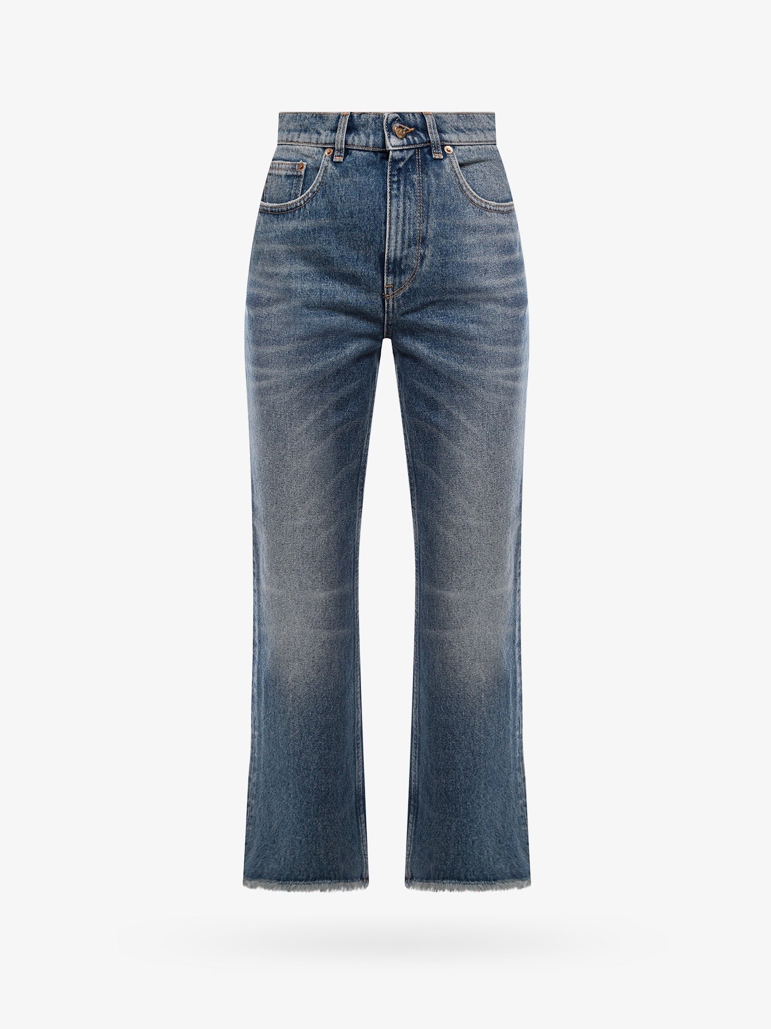 Shop the authentic Golden Goose Deluxe Brand women's Derin new cropped flare jeans with back logoed patch in BLU