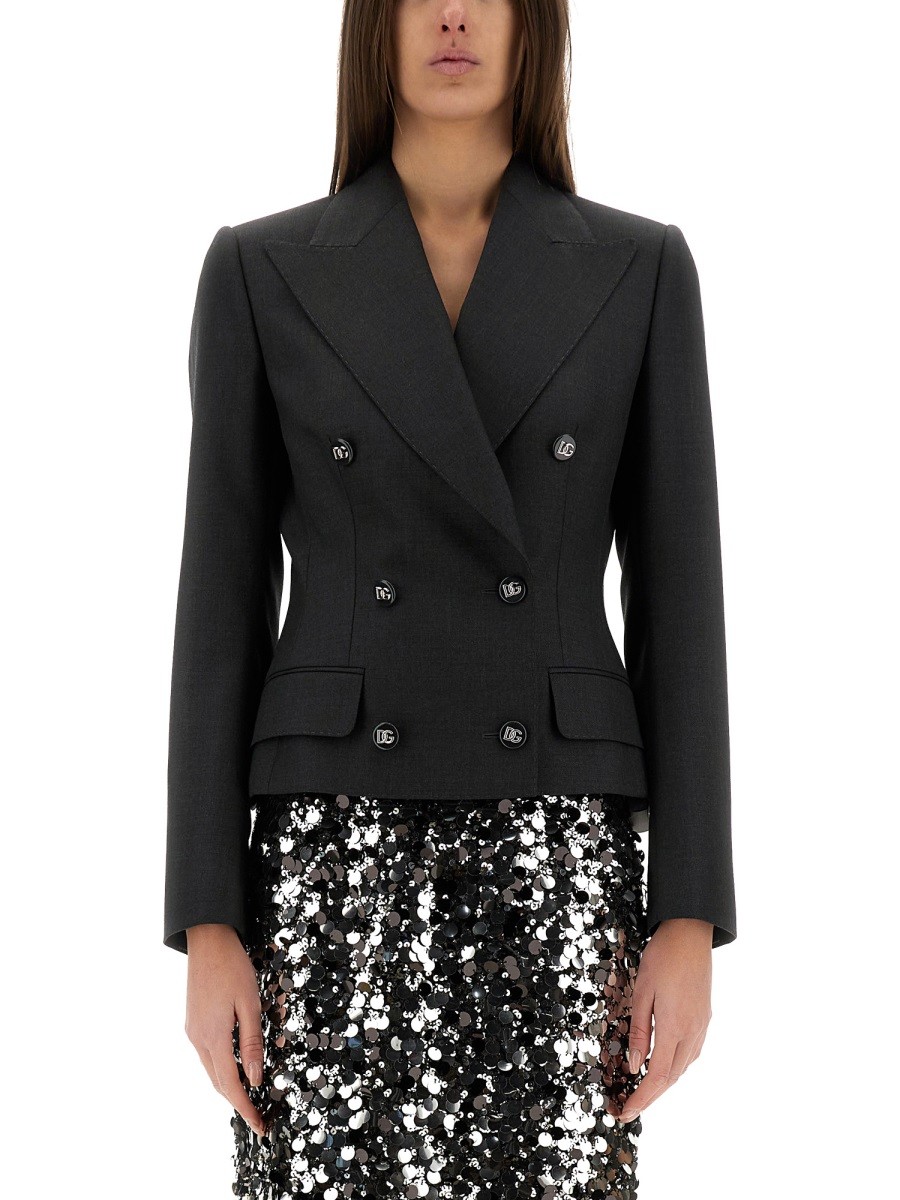 Shop the authentic Dolce & Gabbana women's DOLCE DOUBLE-BREASTED JACKET WITH DG LOGO BUTTONS in CHARCOAL