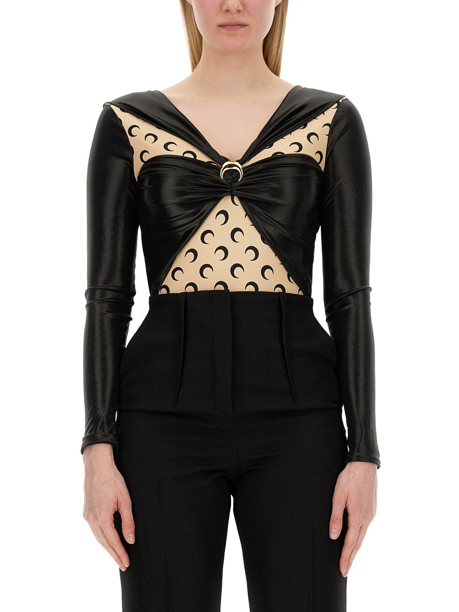 Refresh your wardrobe with the MARINE SERRE women's DRAPED BODYSUIT in Black