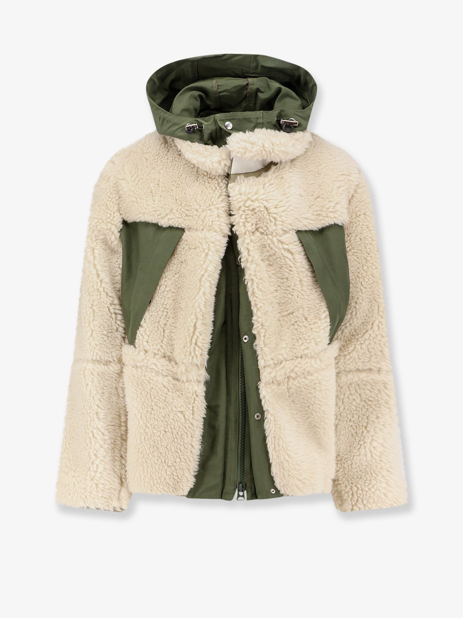 Discover the authentic SACAI men's Eco shearling and nylon jacket in ECRU KHAKI