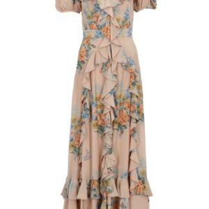 Explore the authentic Alexander Mcqueen women's FLORAL PRINT RUCHED SILK DRESS in beige
