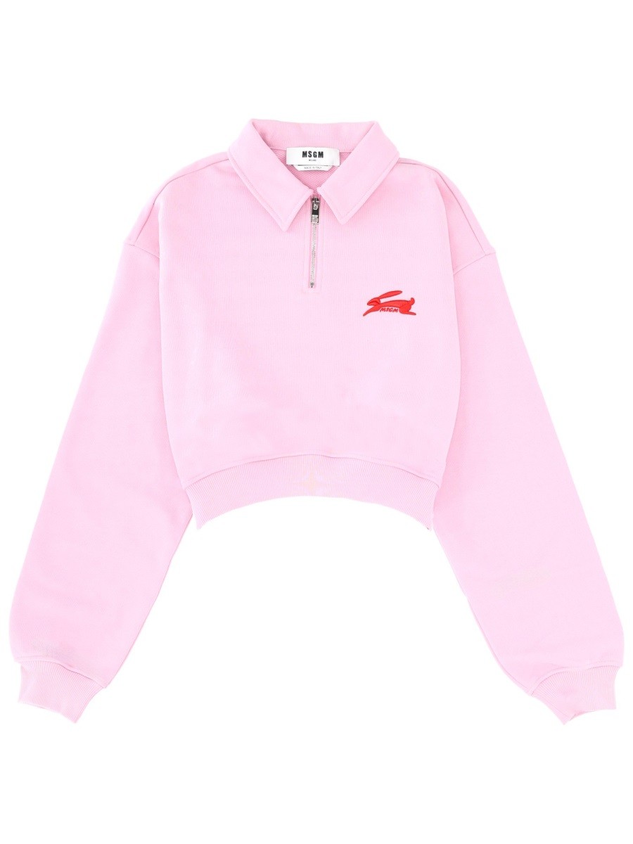 Explore the authentic msgm women's "FOLLOW THE RABBIT" COLLARED SWEATSHIRT in Pink