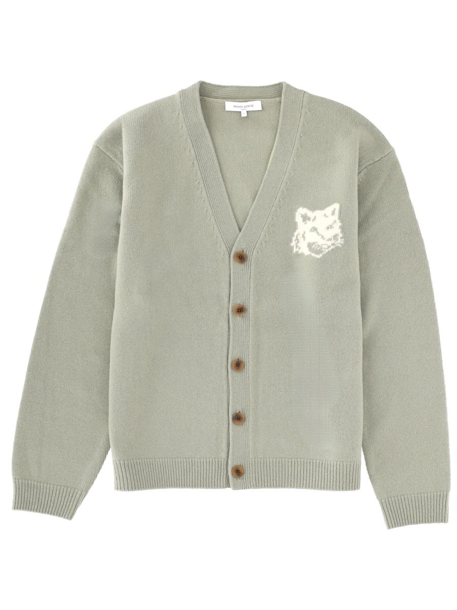 Refresh your wardrobe with the Maison Kitsune men's "FOX HEAD" CARDIGAN in GREEN