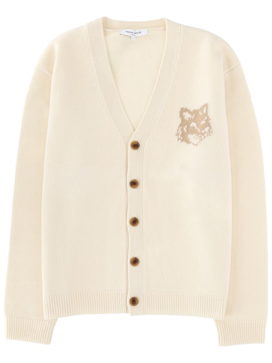 Refresh your wardrobe with the Maison Kitsune men's "FOX HEAD" CARDIGAN in beige