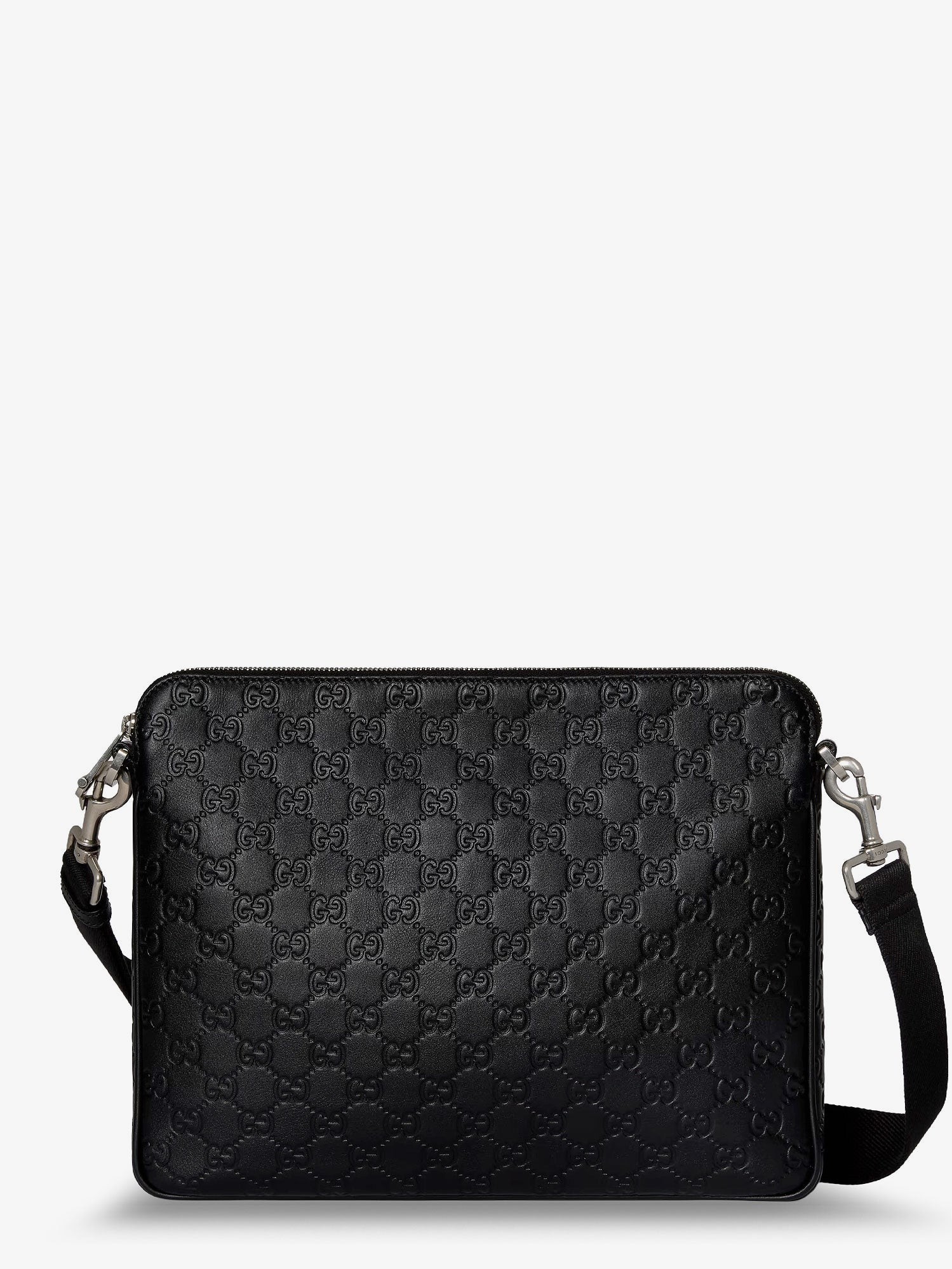 Discover the authentic Gucci men's GG Emblem leather crossbody bag in Grey