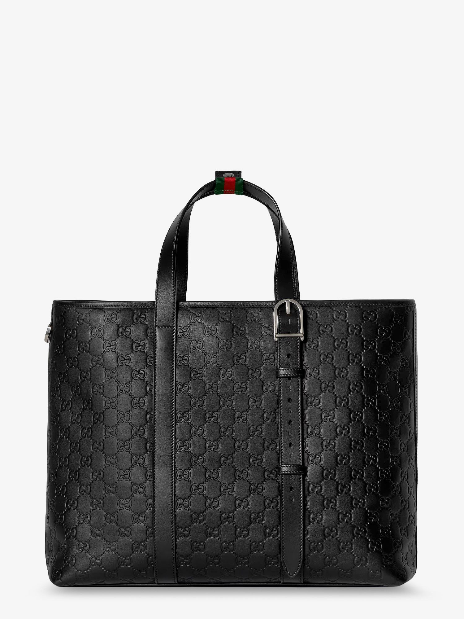 Shop the authentic Gucci men's GG Emblem leather shopping bag with embossed GG motif in Black