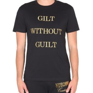 Explore the authentic Moschino men's "GUILT WITHOUT GUILT" T-SHIRT in Black