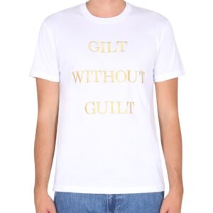 Explore the authentic Moschino men's "GUILT WITHOUT GUILT" T-SHIRT in White