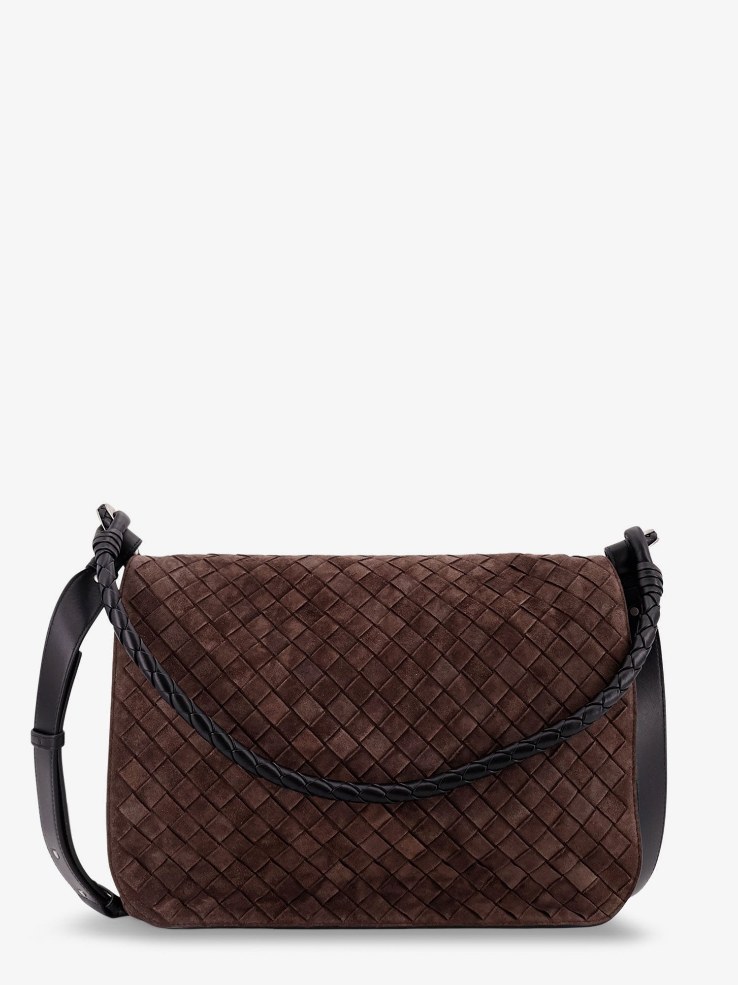 Explore the authentic Bottega Veneta men's Intrecciato suede shoulder bag in FONDANT/BL-VINTA.S