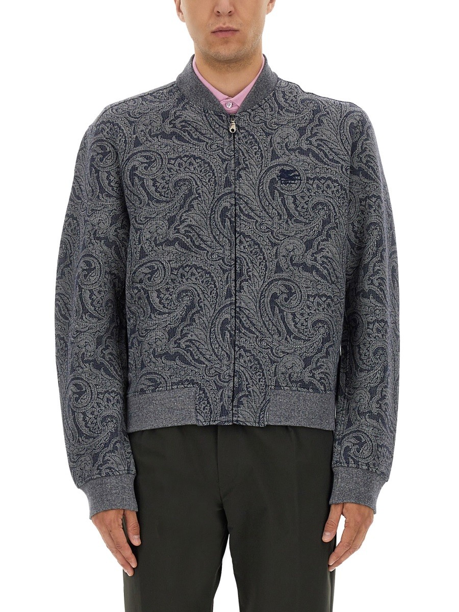 Explore the authentic Etro men's JACQUARD BOMBER JACKET WITH LOGO in Grey