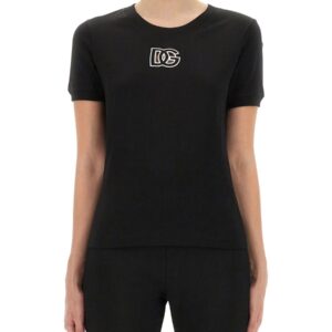 Explore the authentic Dolce & Gabbana women's JERSEY T-SHIRT WITH DG LOGO EMBROIDERY in Black