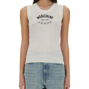 Explore the authentic MOSCHINO JEANS women's KNIT TOP WITH INLAY LOGO in White