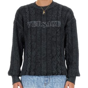 Refresh your wardrobe with the Versace men's KNIT WITH GREEK BRAID WORK in Grey