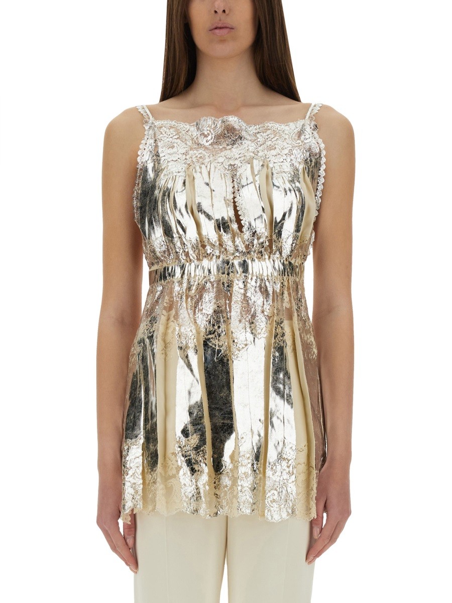 Explore the authentic RABANNE women's LAMINATED PLEATED SATIN TOP in Ivory