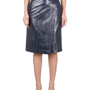 Refresh your wardrobe with the Bottega Veneta women's LEATHER MIDI SKIRT in Blue