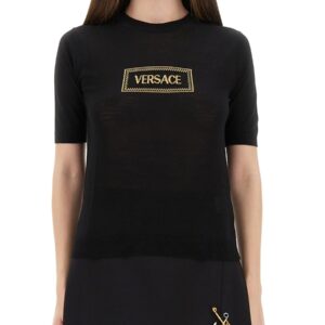Discover the authentic Versace women's LOGO KNIT T-SHIRT in Black