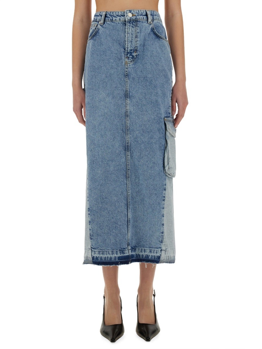 Refresh your wardrobe with the MOSCHINO JEANS women's LONG DENIM SKIRT in DENIM