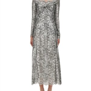 Refresh your wardrobe with the RABANNE women's LONG LACE DRESS in Silver