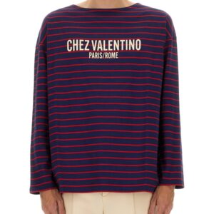 Explore the authentic Valentino men's LONG SLEEVE T-SHIRT WITH "CHEZ VALENTINO" PRINT in Blue