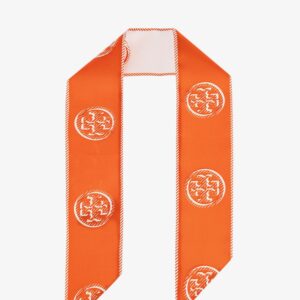 Discover the authentic Tory Burch women's Medallion Logo Ribbon silk tie in Pepperoncini
