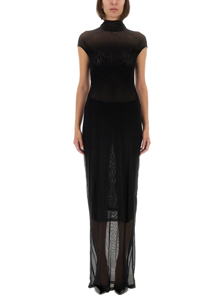 Explore the authentic JEAN PAUL GAULTIER women's MESH DRESS WITH FLOCKED LOGO in Black