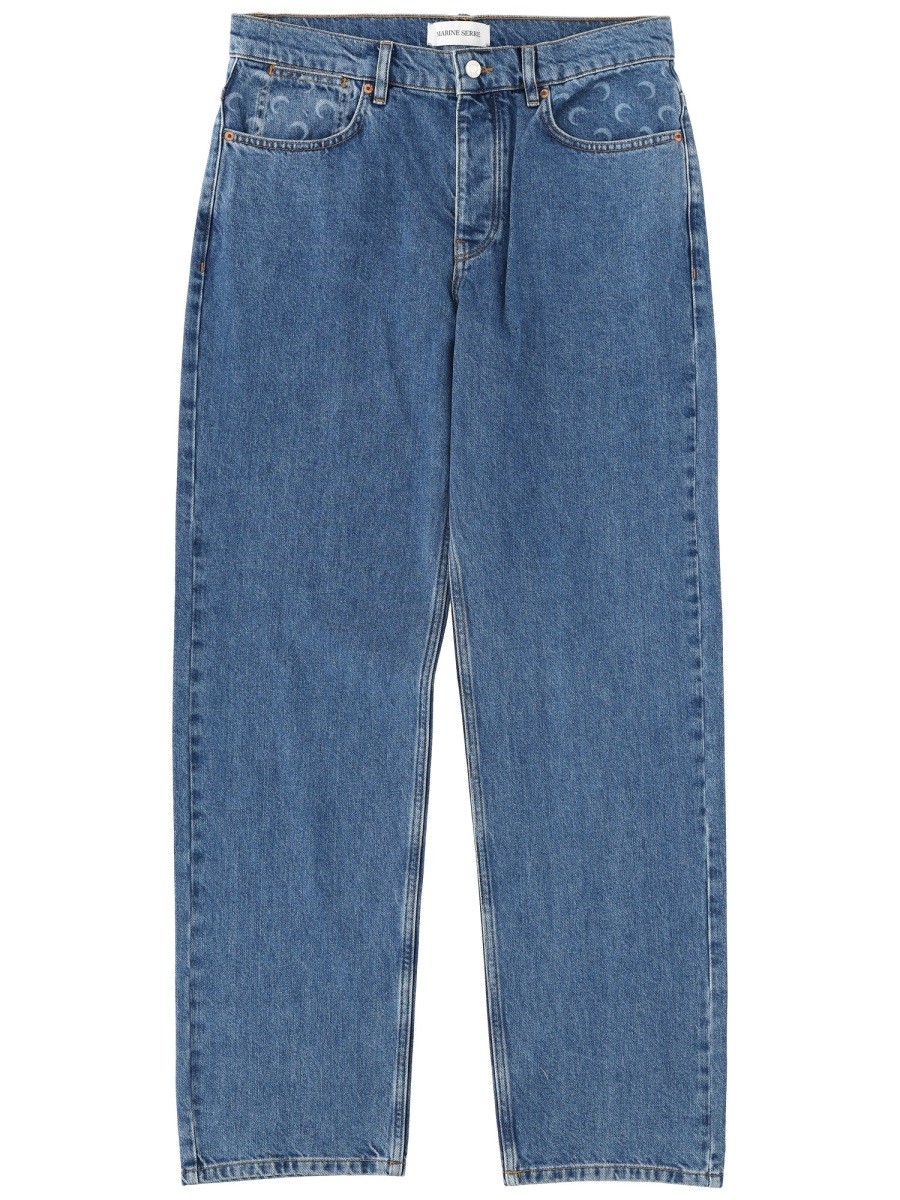 Refresh your wardrobe with the MARINE SERRE men's "MOON WAXED" JEANS in Blue