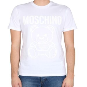 Explore the authentic Moschino men's MOSCHINO TEDDY BEAR ORGANIC JERSEY T-SHIRT in White