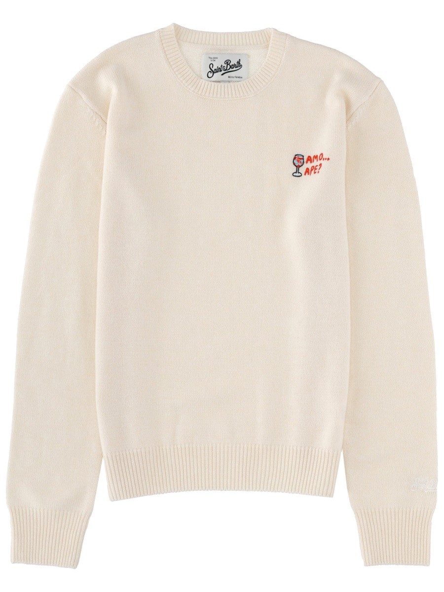 Discover the authentic MC2 SAINT BARTH women's "NEW QUEEN" JERSEY WITH EMBROIDERY in Ivory
