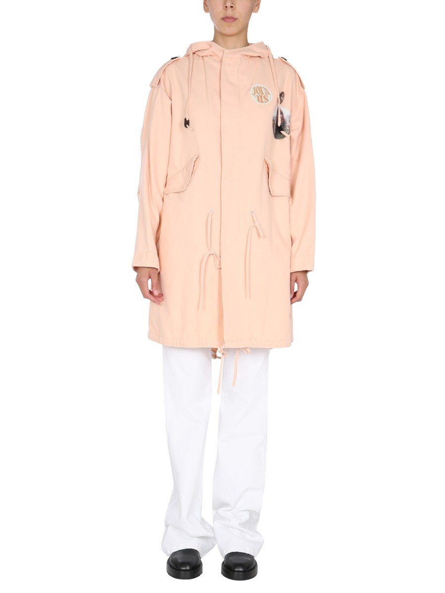 Elevate your look with the RAF SIMONS women's PARKA WITH LOGO PATCH in Pink