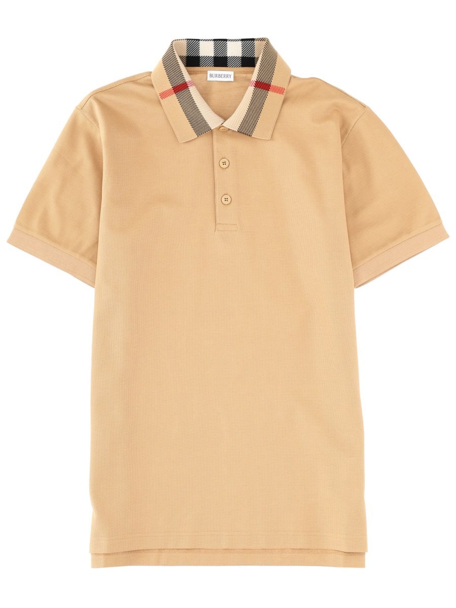 Explore the authentic Burberry men's POLO SHIRT WITH "CHECK" COLLAR in beige