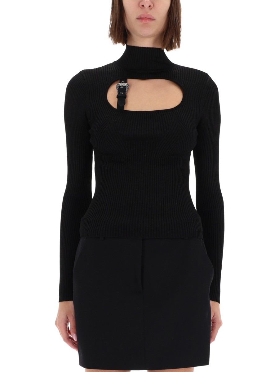 Discover the authentic Versace Jeans Couture women's RIBBED TOP WITH BUCKLE in Black