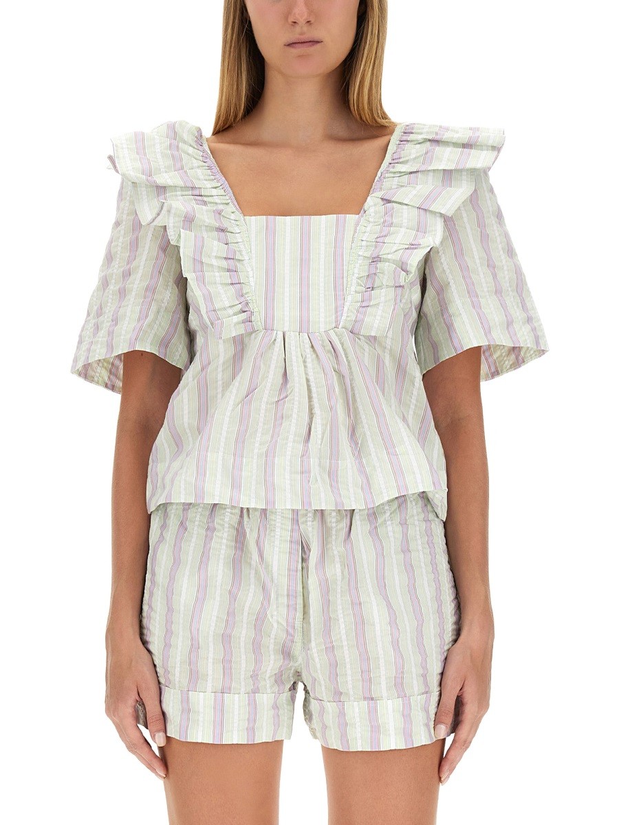 Discover the authentic GANNI women's RUFFLE BLOUSE in MULTICOLOUR